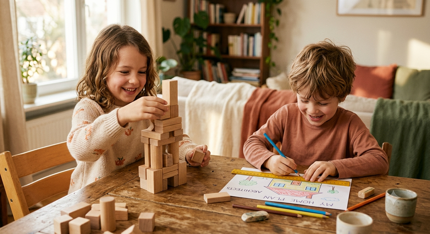 Crianças brincando de arquiteto, construindo com blocos de madeira e desenhando plantas de casa
